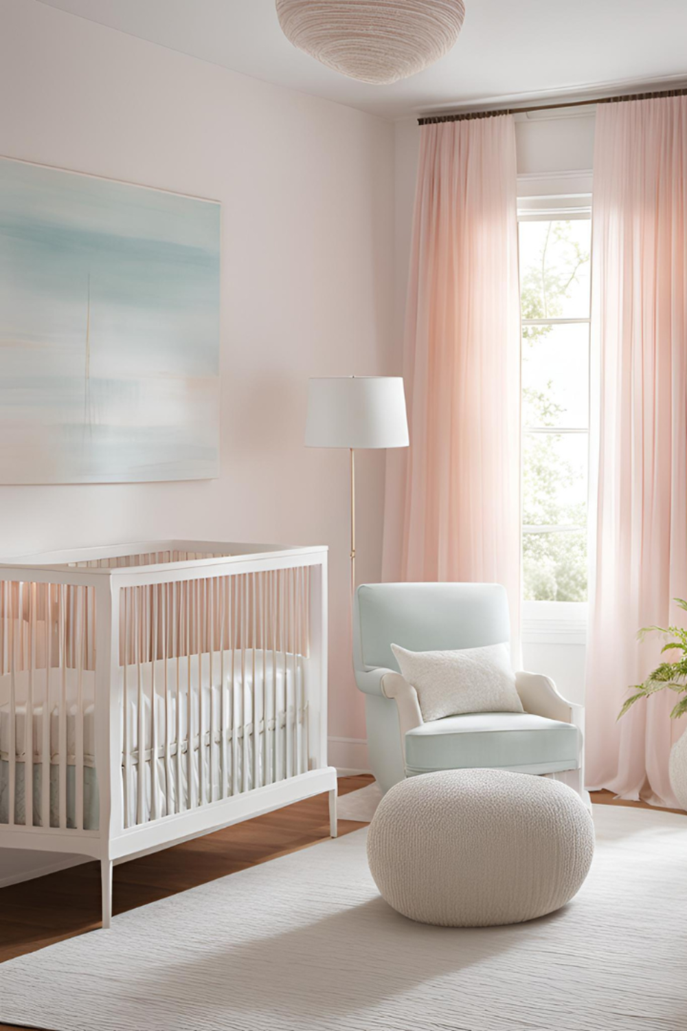 A nursery washed in dreamy, pastel hues with sheer white curtains softly billowing, creating an airy and light-filled space.