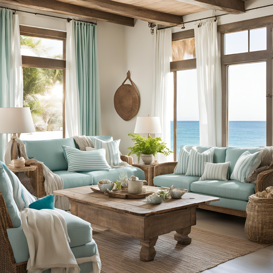 A sunlit living room with white linen curtains gently swaying in the breeze, a seafoam blue sofa adorned with striped throw pillows, and a rustic wooden coffee table decorated with seashell accents.