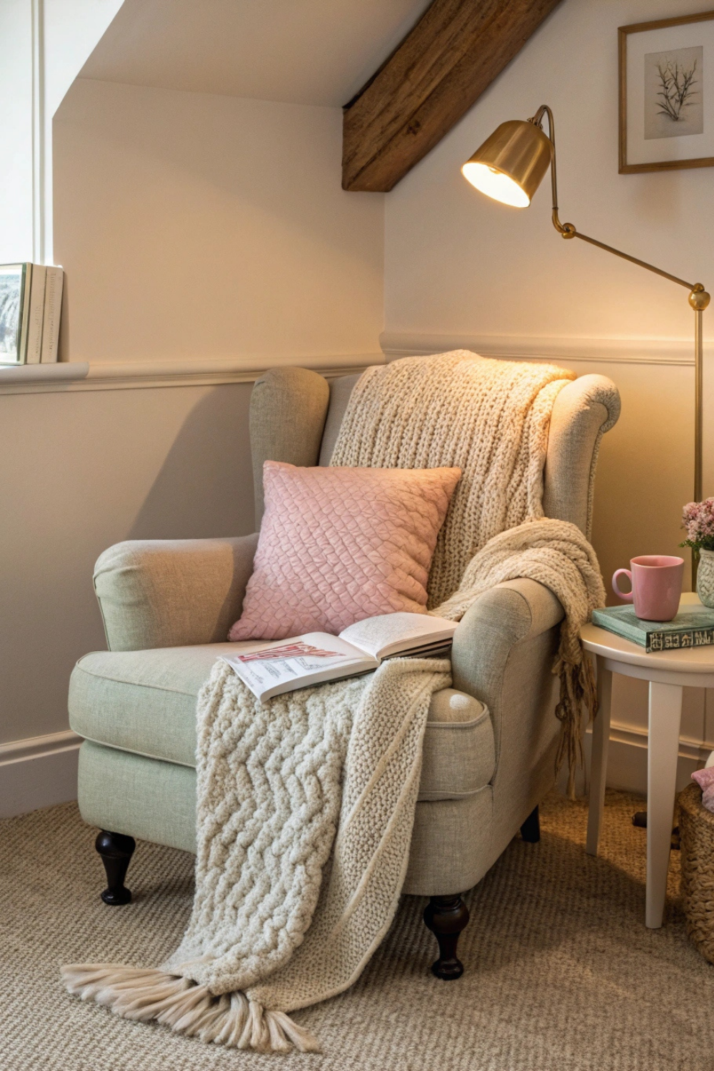 You tuck a plush armchair into an unused corner of your living room, adding a chunky knit blanket and a few pillows in soft pastels. A tiny side table holds your current read and a steaming mug of tea. Overhead, a small wall-mounted lamp casts a warm, golden glow, making the space feel oh-so-inviting.