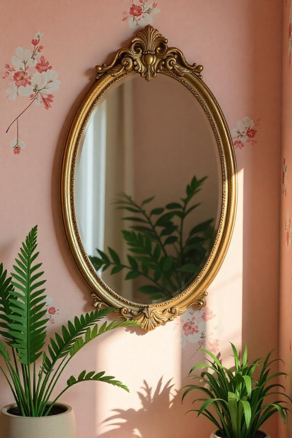 A vintage-style gold mirror reflecting sunlight, surrounded by soft pink walls and fresh greenery for a dreamy, elegant vibe.