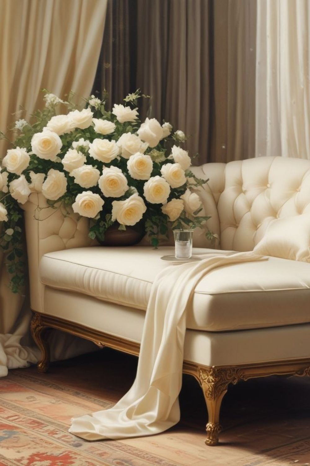 A plush, cream-colored chaise with gold detailing, set next to flowing sheer curtains and a vase of white roses.