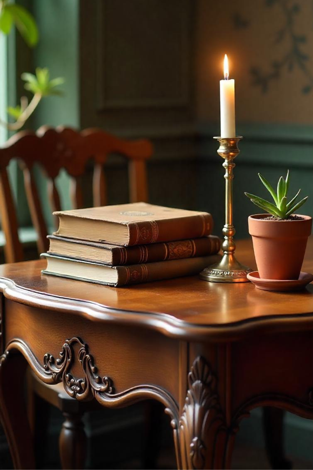 A carved wooden table with graceful curves, holding a stack of vintage books and a gold candleholder.