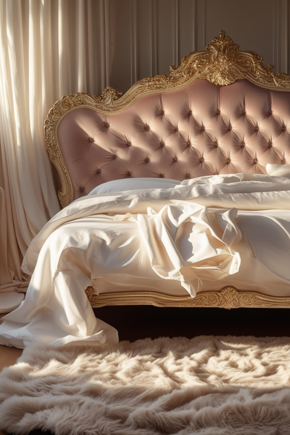 A pale blush velvet headboard with ornate gold detailing, surrounded by crisp white linens and soft lighting.