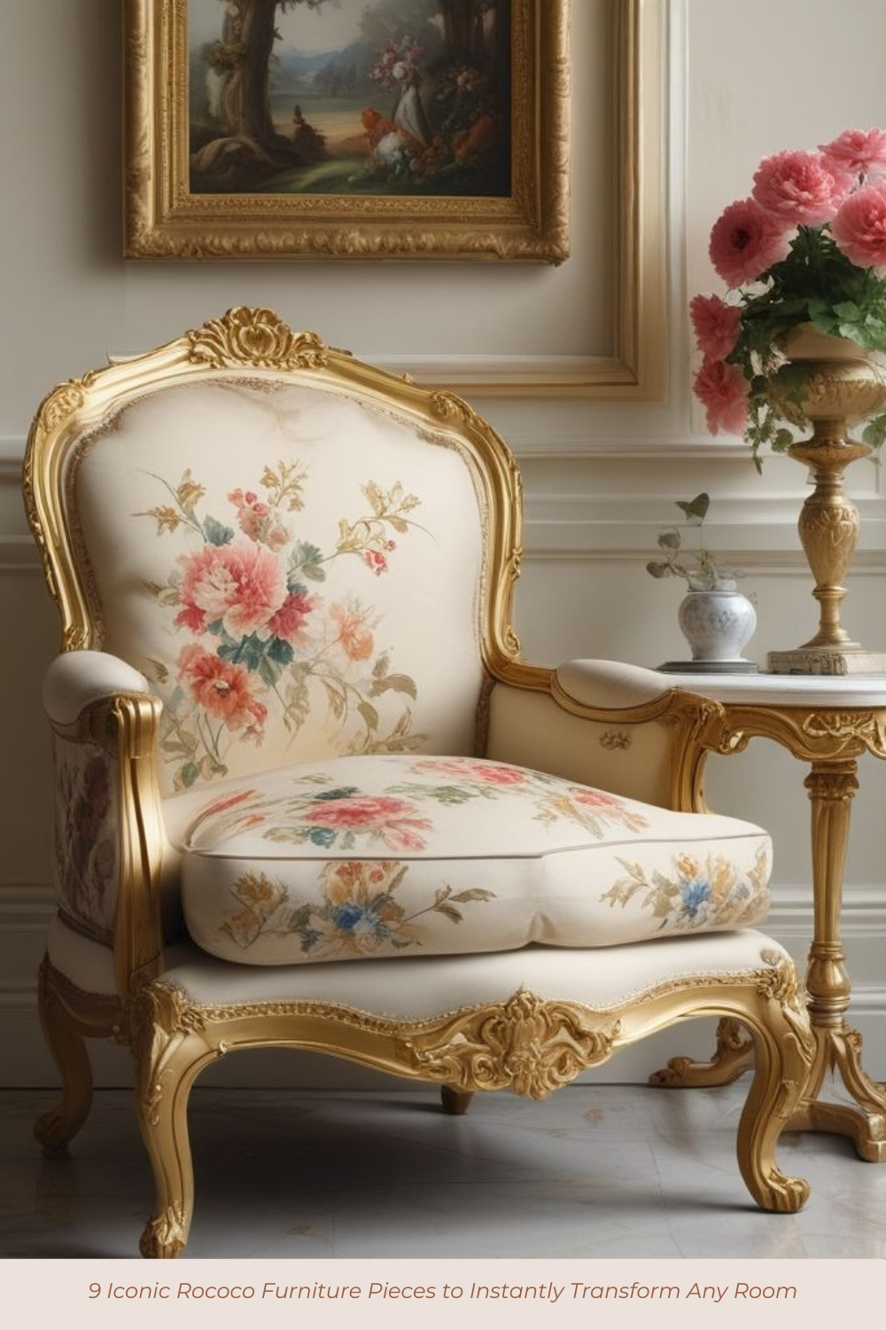 A cream-and-gold Rococo chair with floral embroidery, sitting next to a marble-topped side table.