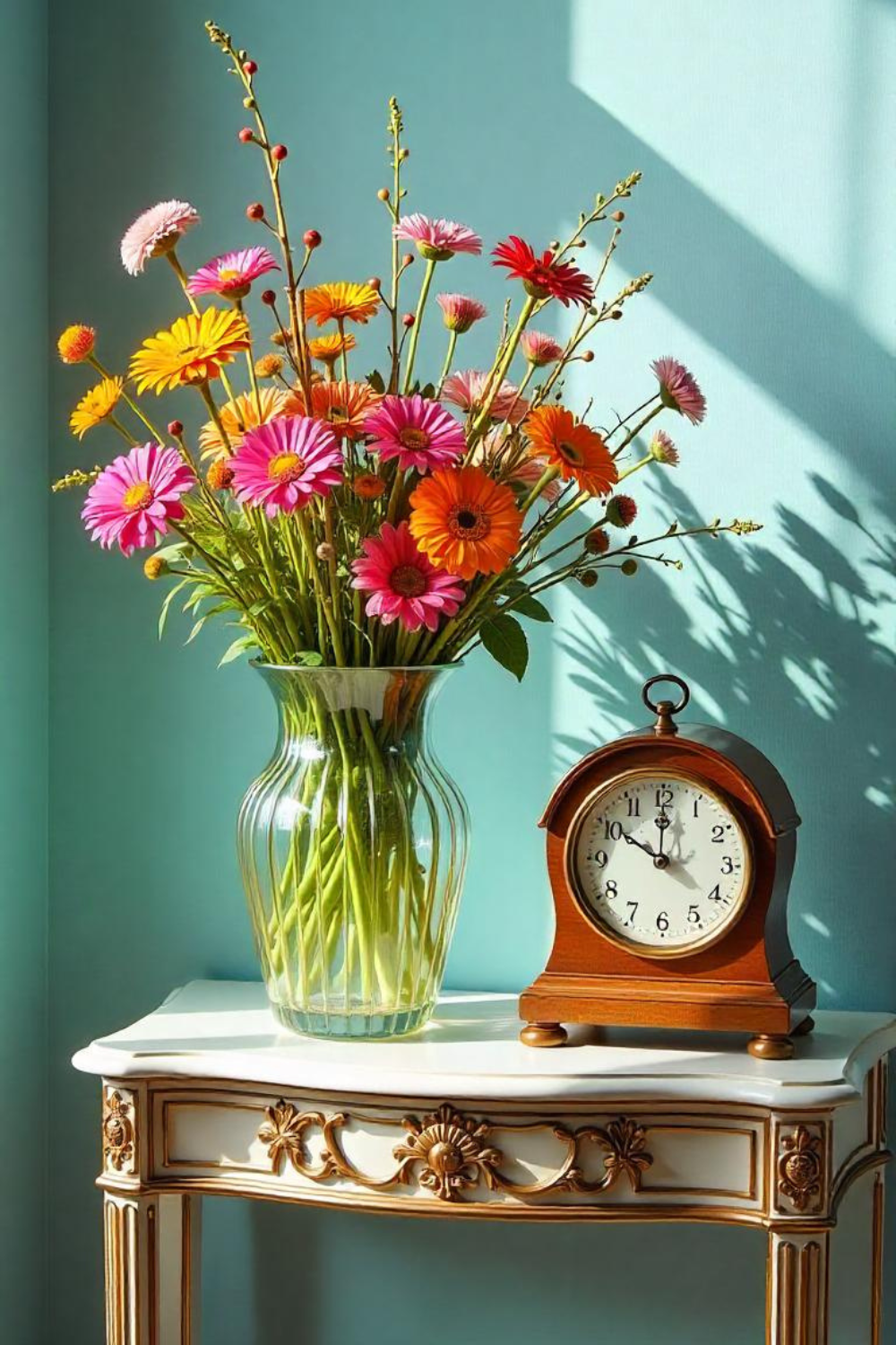 A gold-trimmed console table adorned with a crystal vase and an antique clock, standing against a pale blue wall.
