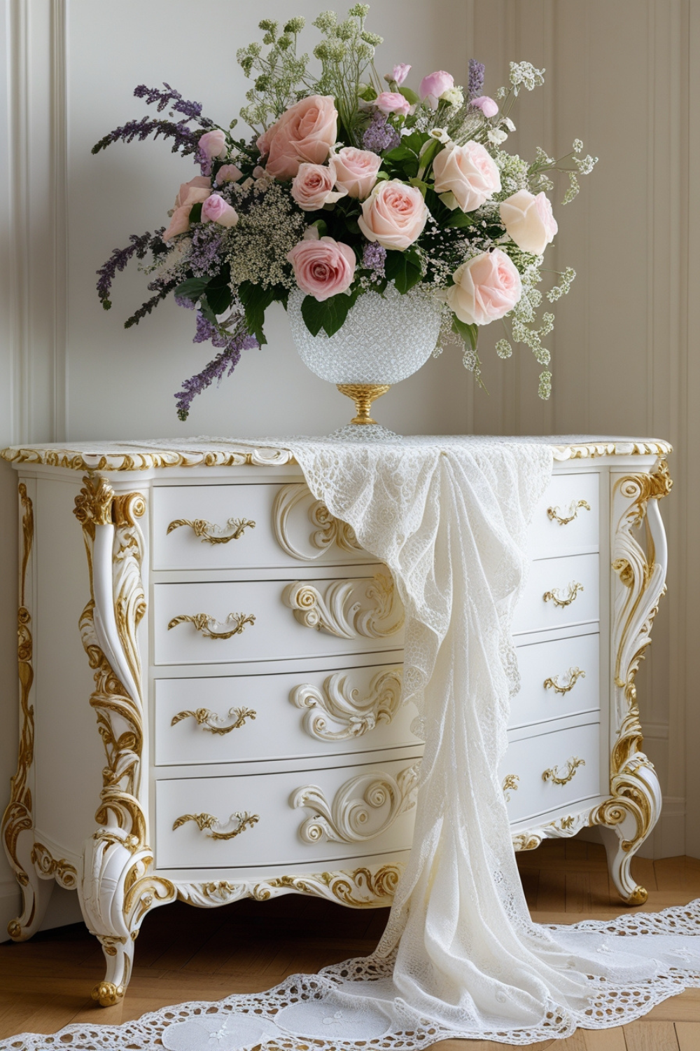 A white-and-gold Rococo dresser with delicate floral carvings, topped with a lace runner and a bouquet of fresh flowers.