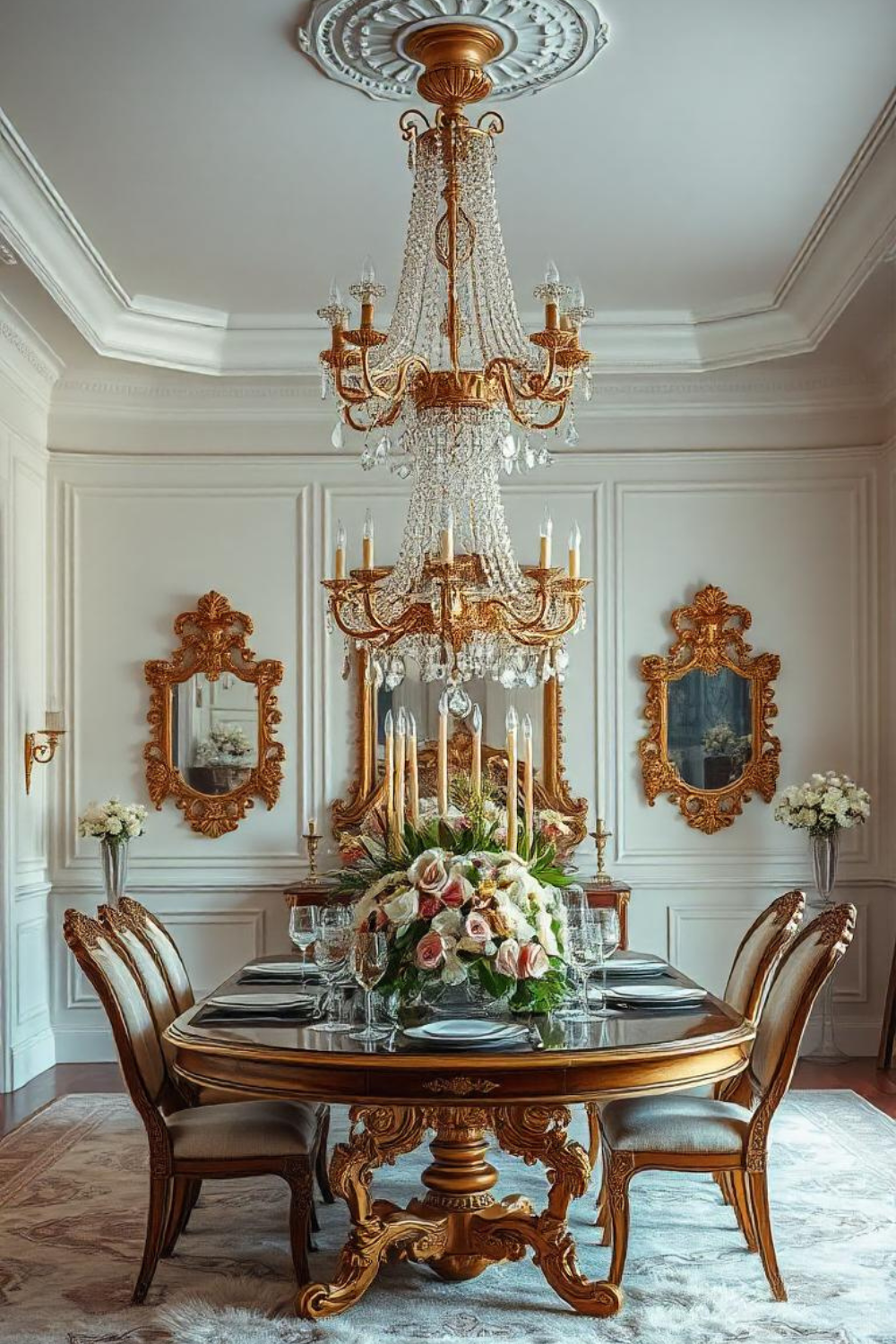 A sparkling gold chandelier dripping with crystals, casting warm light over a Rococo-inspired dining table.