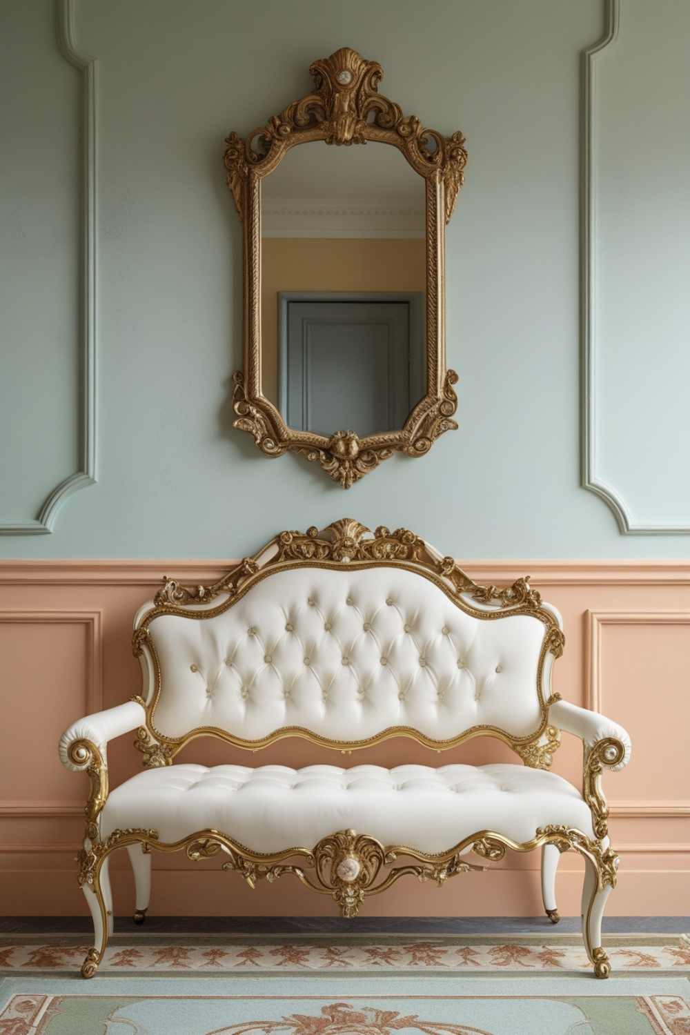 A cream-upholstered bench with gold accents, placed against a pastel wall with an ornate mirror above it.