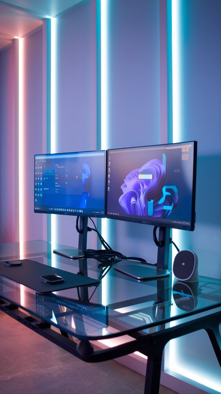 10 Inspiring Cozy Office Spaces to Boost Creativity (2025) : The Tech-Savvy Sanctuary Dual monitors on a sleek glass desk, with LED backlighting in soft hues of purple and blue. A wireless charging pad and smart speaker complete the high-tech look.