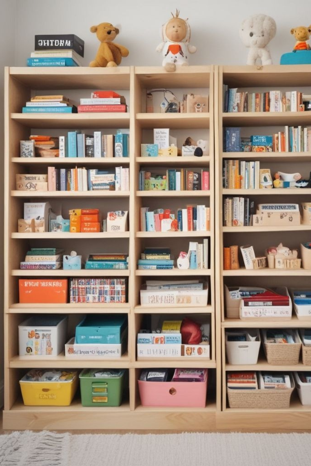 Neatly arranged wooden storage bins labeled for toys, books, and essentials, tucked under a minimalistic white shelf.