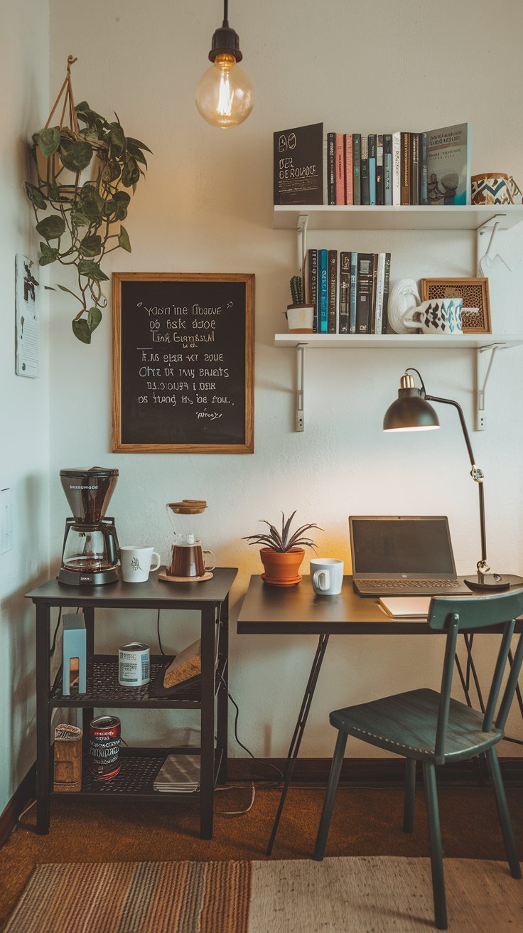 10 Inspiring Cozy Office Spaces to Boost Creativity (2025) : The Cozy Coffee Shop Vibe A workspace that feels like your favorite café, with a small coffee station, a playlist of soft acoustic tunes, and warm Edison bulbs casting a relaxing glow.