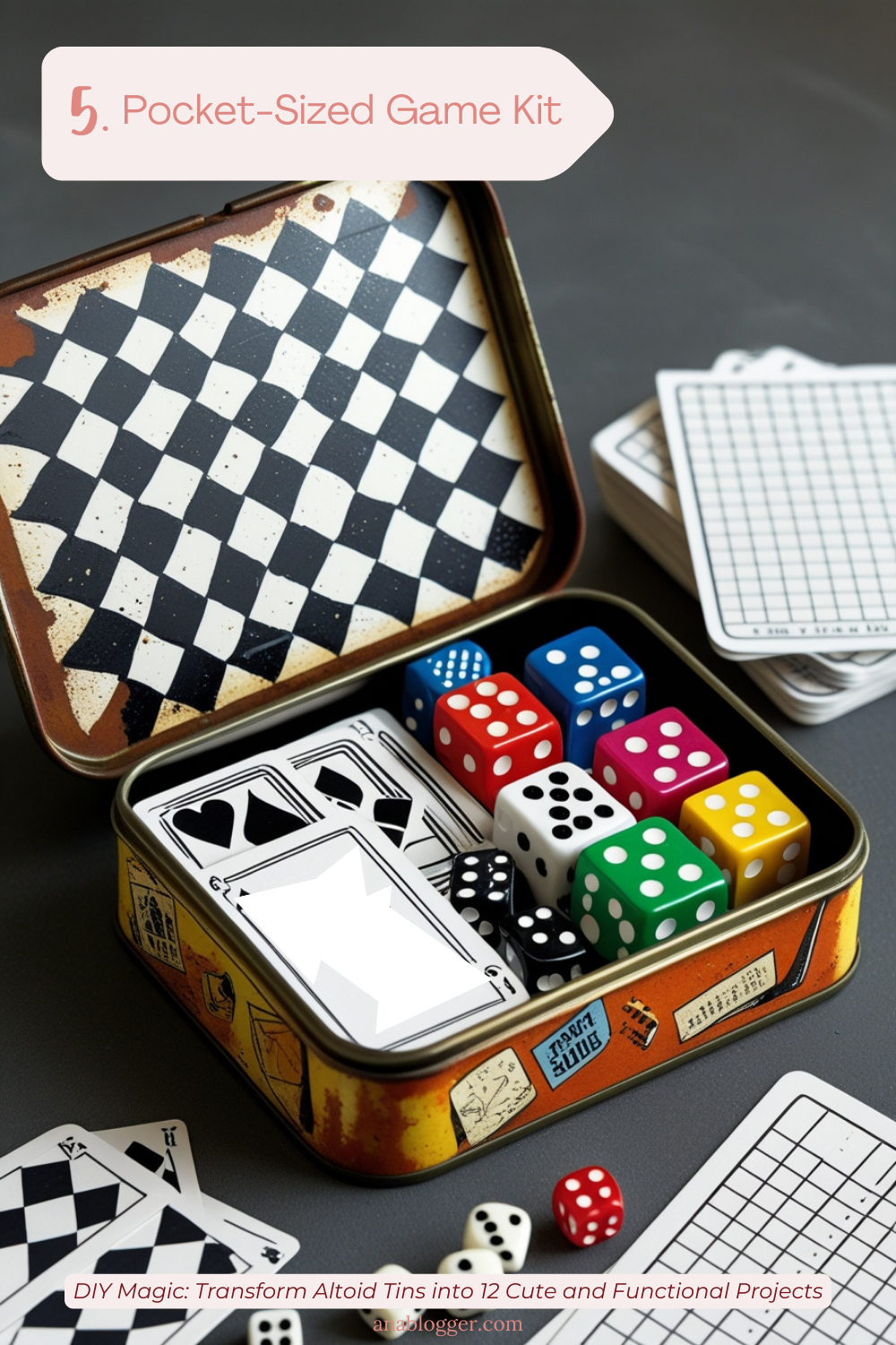 Imagine having a tin featuring a playful checkered design, packed with mini cards, colorful dice, and score sheets for endless fun on the go.