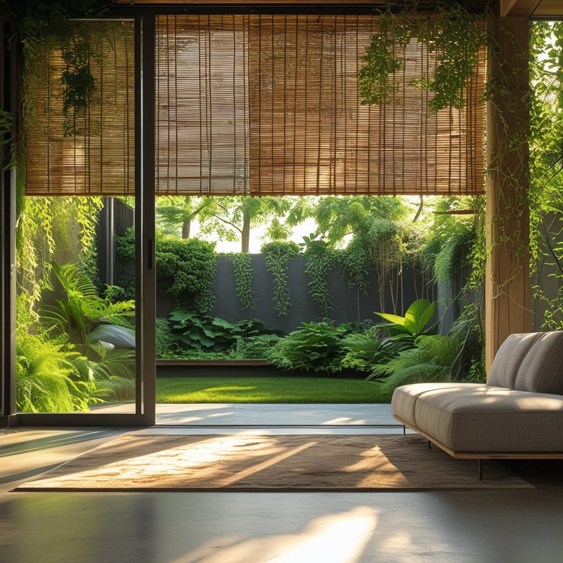 A living space that opens up to a lush garden view, with soft sunlight streaming through bamboo blinds and natural textures all around.
