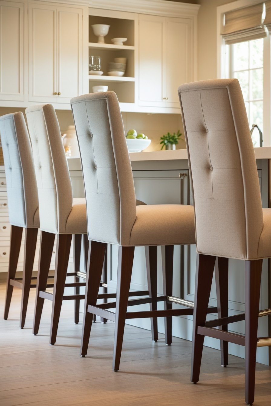 Elegant upholstered barstools in soft neutral tones, providing both comfort and sophistication for casual meals and conversations.