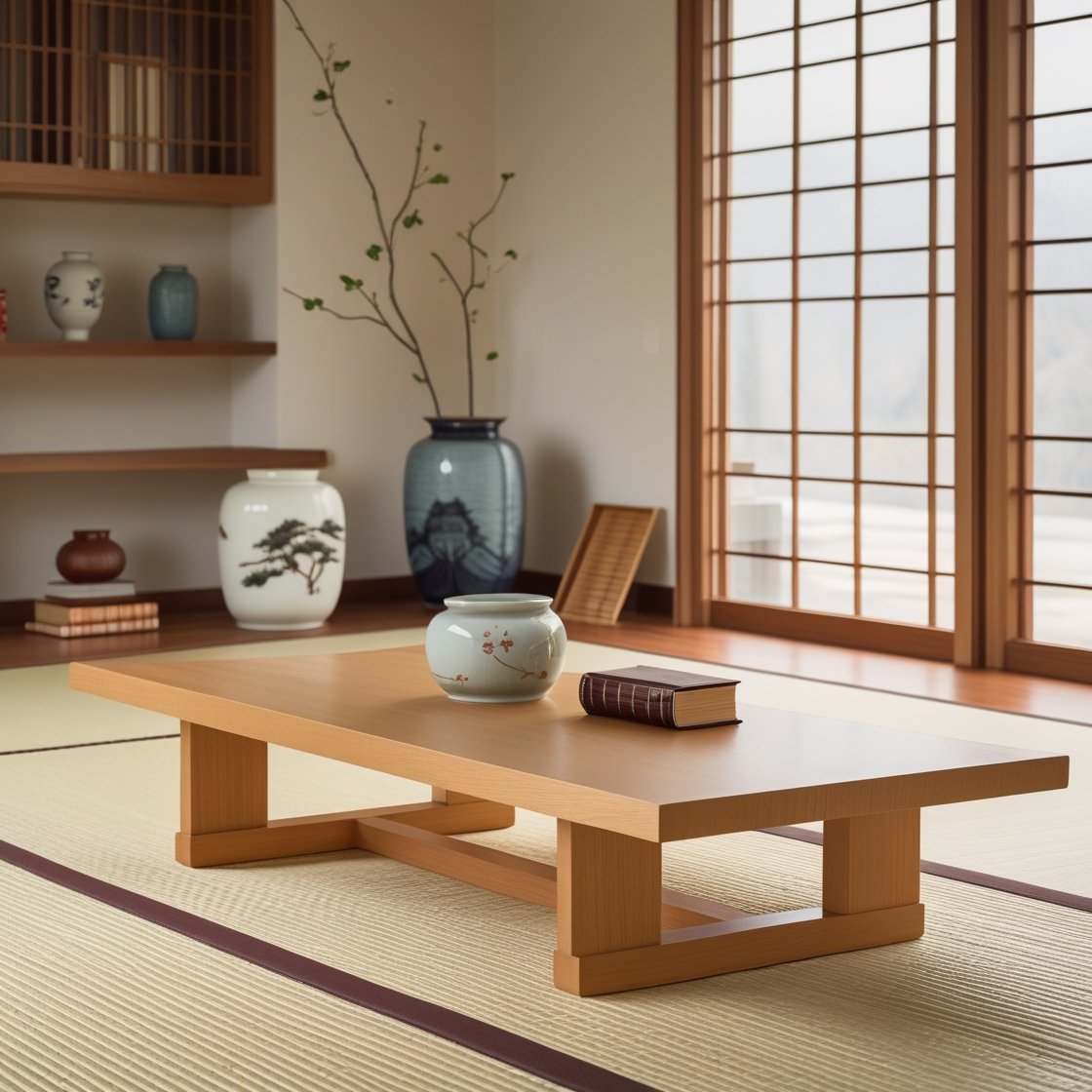 A serene living room with a low wooden table, a soft tatami mat beneath your feet, and just a few carefully chosen decor pieces that serve both function and beauty.