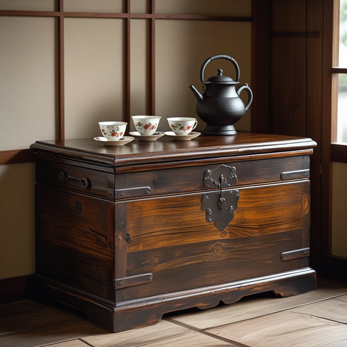 A beautifully aged wooden chest doubling as a coffee table, alongside delicate porcelain tea sets displayed on minimalist shelves.