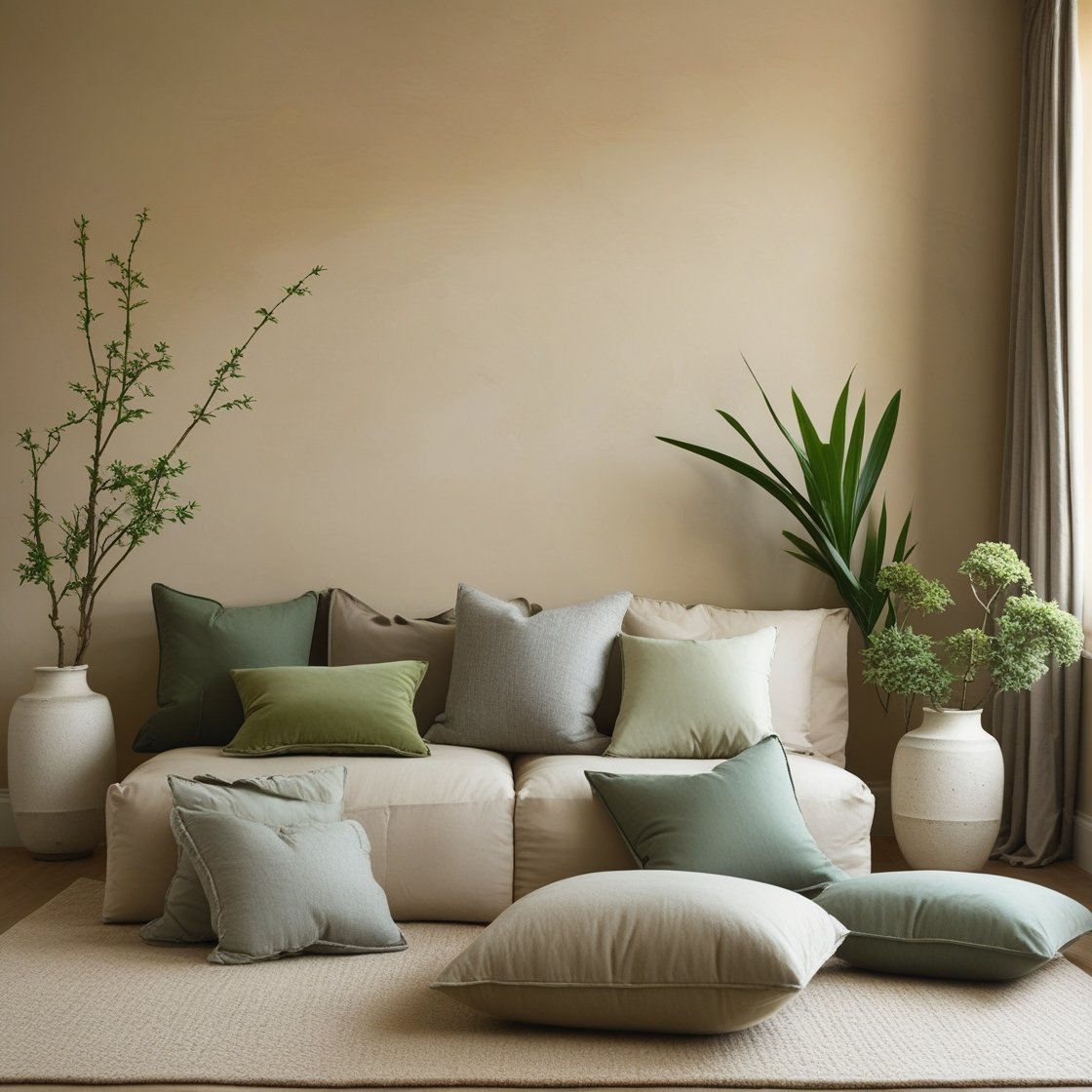 A soothing palette of beige, soft greys, and muted greens that evoke the tranquility of a Zen garden.