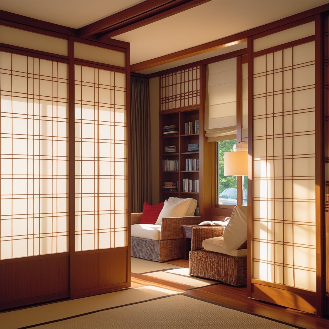 Elegant shoji screens create a sense of privacy without blocking light, blending seamlessly with the room's aesthetic.