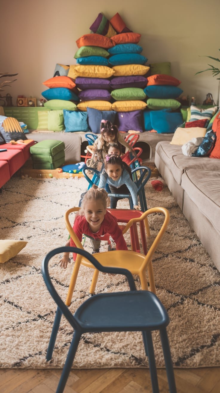 Your cozy living room can be transformed into an adventure zone with colorful pillows stacked high, a line of chairs forming tunnels, and excited kids hopping and crawling their way through the course.