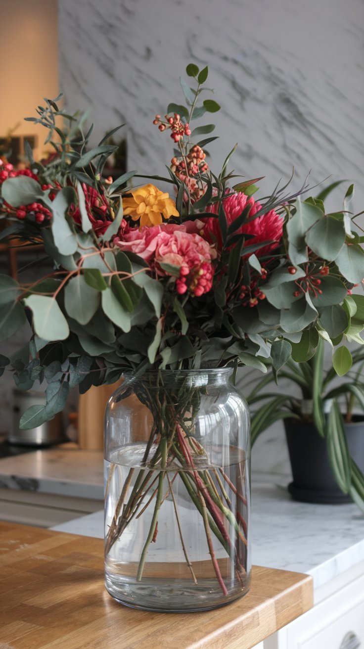 A glass vase filled with lush eucalyptus branches or vibrant seasonal blooms, bringing life and freshness to your space.