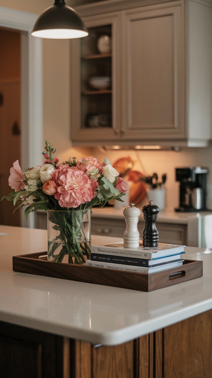 A sleek wooden tray neatly holding a vase of fresh flowers, a stack of cookbooks, and a stylish salt and pepper set, creating an effortless yet intentional look.
