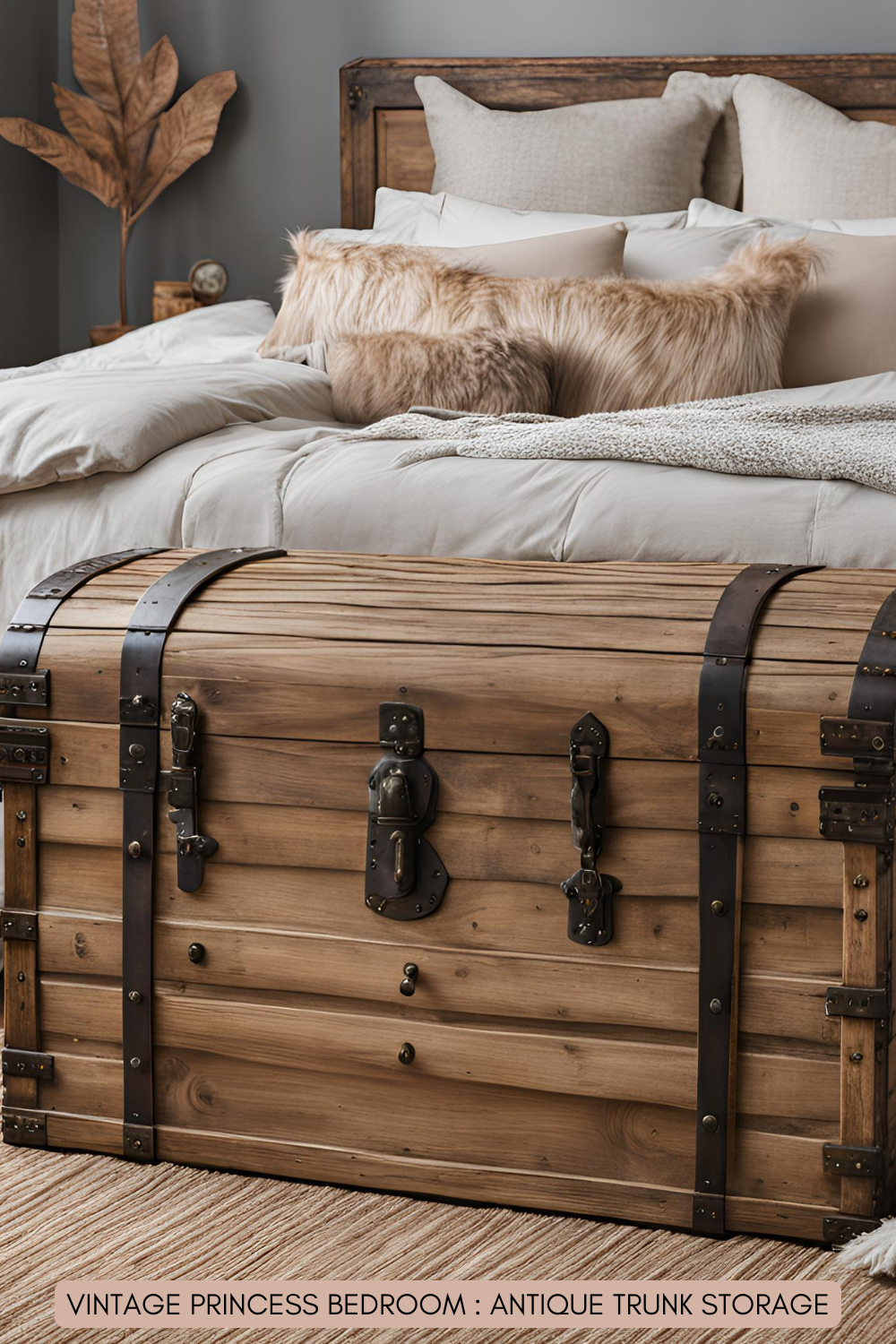 A beautifully aged wooden trunk at the foot of the bed, perfect for storing cozy blankets and secret treasures