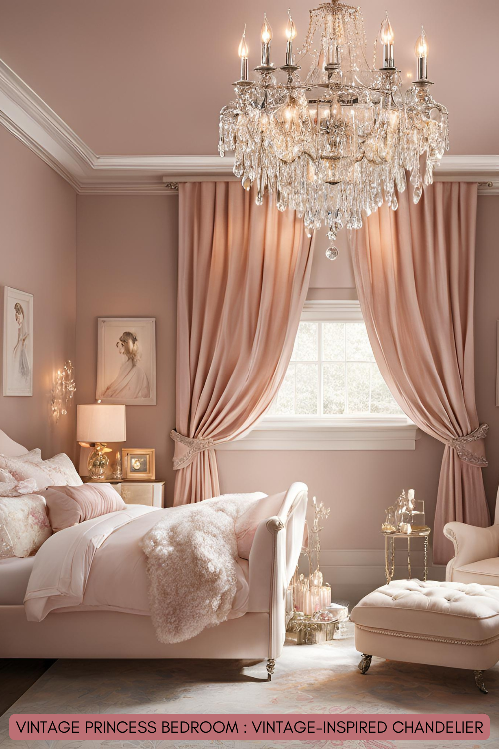 A stunning crystal chandelier hanging from the ceiling, casting a warm glow that adds a touch of glamour to the space.