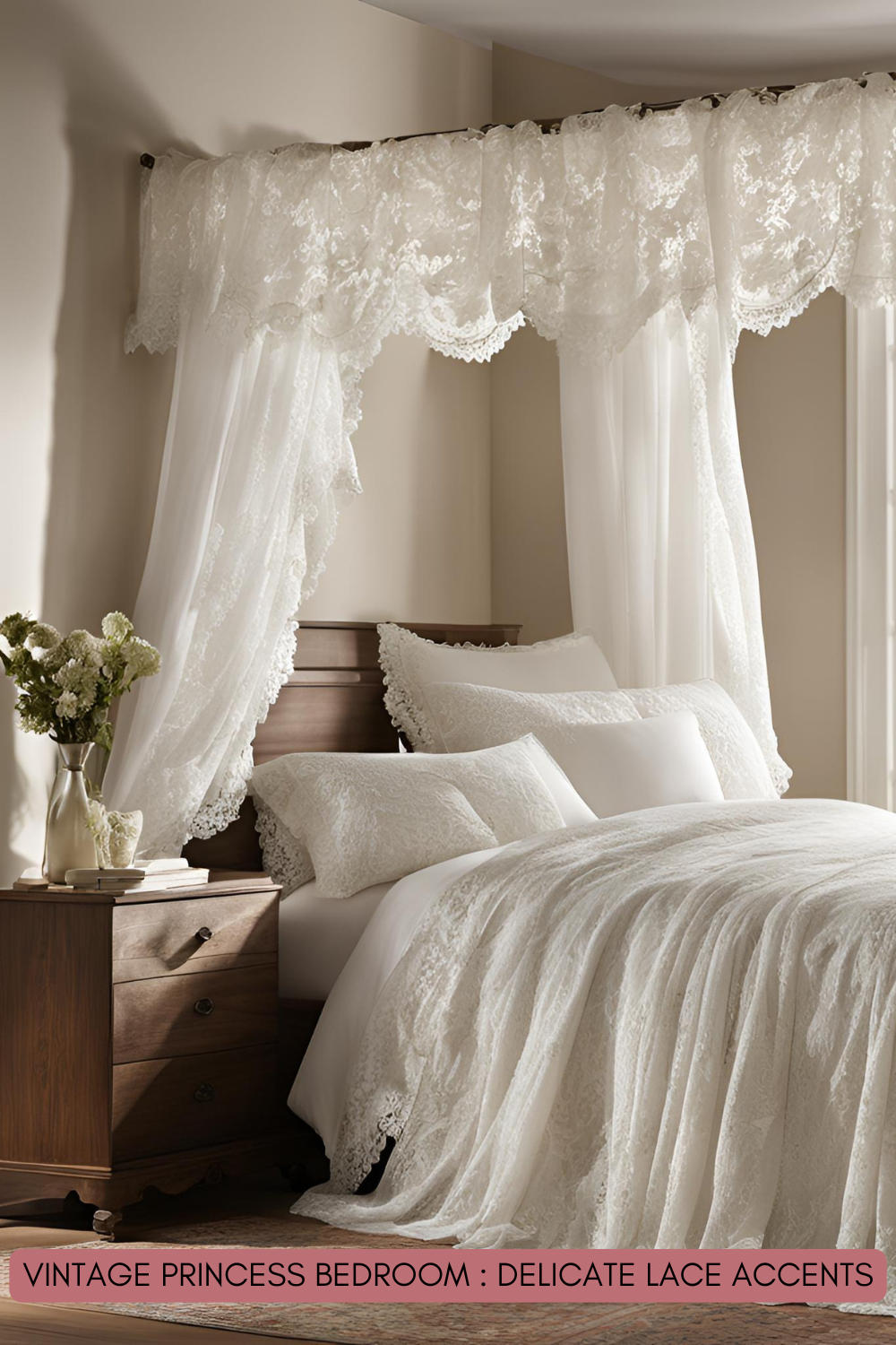 Lace-trimmed curtains softly swaying in the breeze, lace doilies adorning nightstands, and delicate lace throw pillows adding texture to your bed.