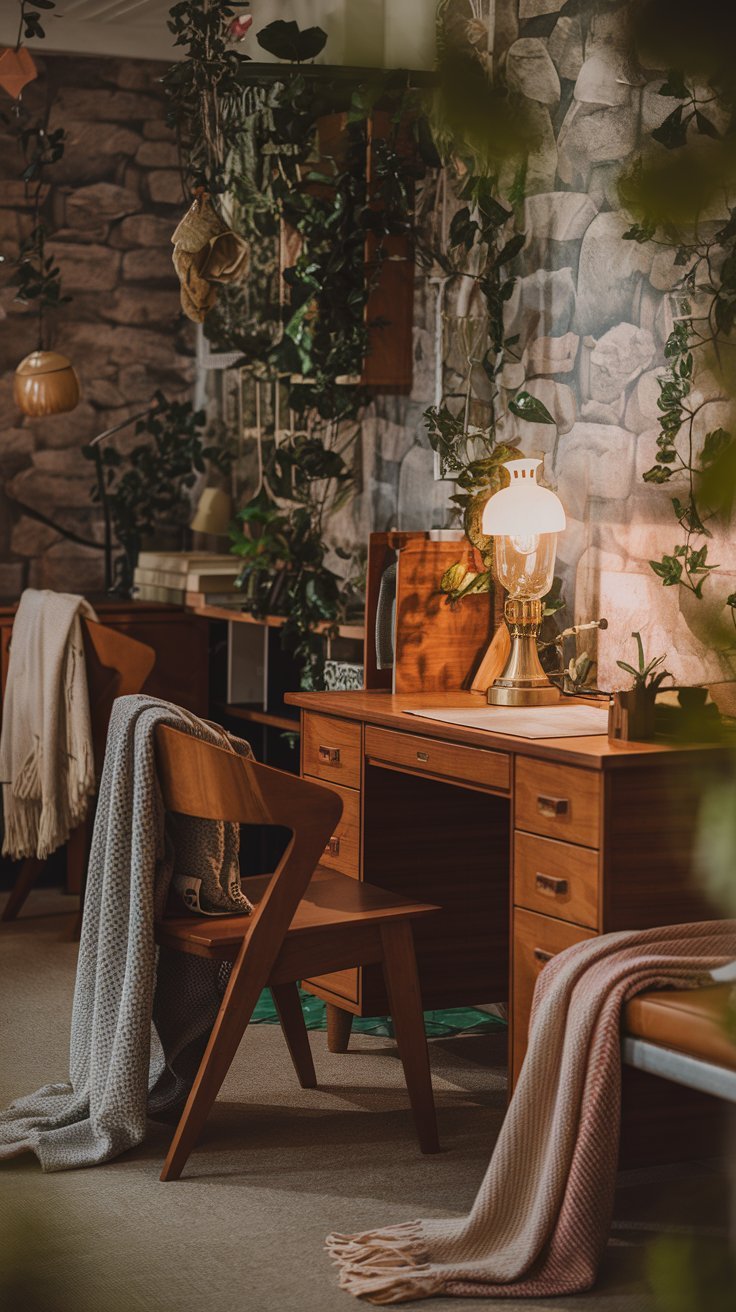 10 Inspiring Cozy Office Spaces to Boost Creativity (2025) : Modern Rustic Retreat A home office with warm wooden furniture, soft throw blankets, and greenery peeking out from every corner. A reclaimed wood desk sits against a backdrop of stone-textured wallpaper, with a vintage lamp casting a golden glow.