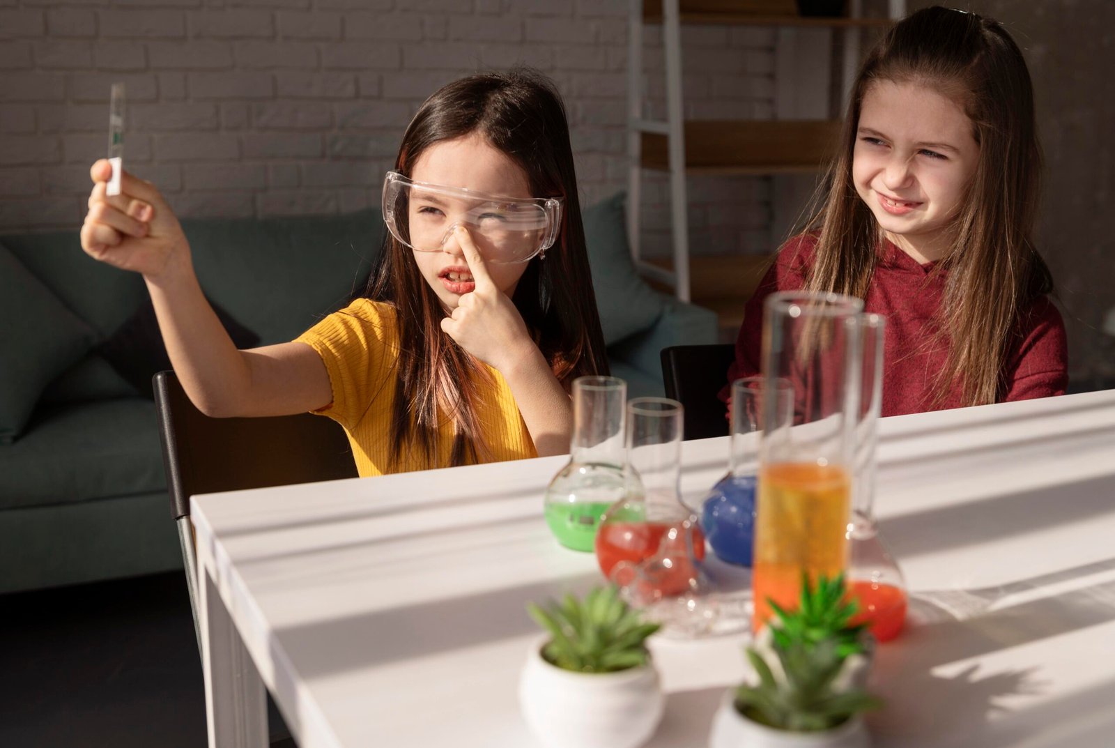A kitchen counter covered with bowls of fizzing, colorful concoctions as kids excitedly watch the bubbling reactions.
