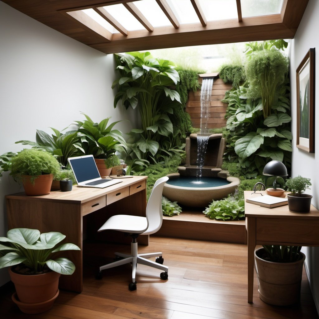 10 Inspiring Cozy Office Spaces to Boost Creativity (2025) : The Nature-Inspired Office A workspace surrounded by greenery, with a wooden desk and a chair that feels like it belongs in a garden. A small indoor fountain adds a soft trickling sound.