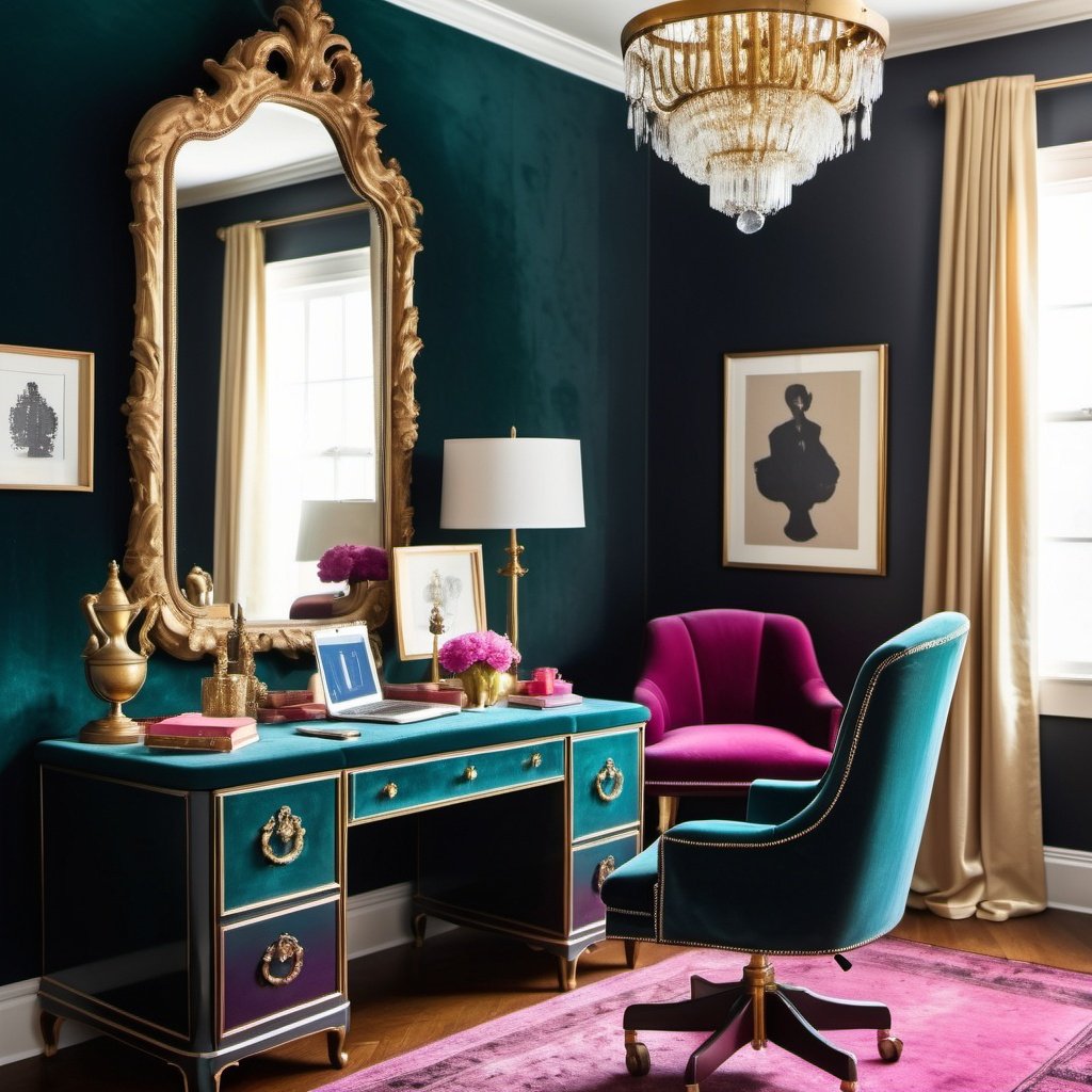 10 Inspiring Cozy Office Spaces to Boost Creativity (2025) : The Vintage Glam Corner A chic desk with gold accents, a velvet swivel chair, and a chandelier sparkling above. The walls are painted in a rich, jewel-tone color, and a vintage mirror leans stylishly against one wall.