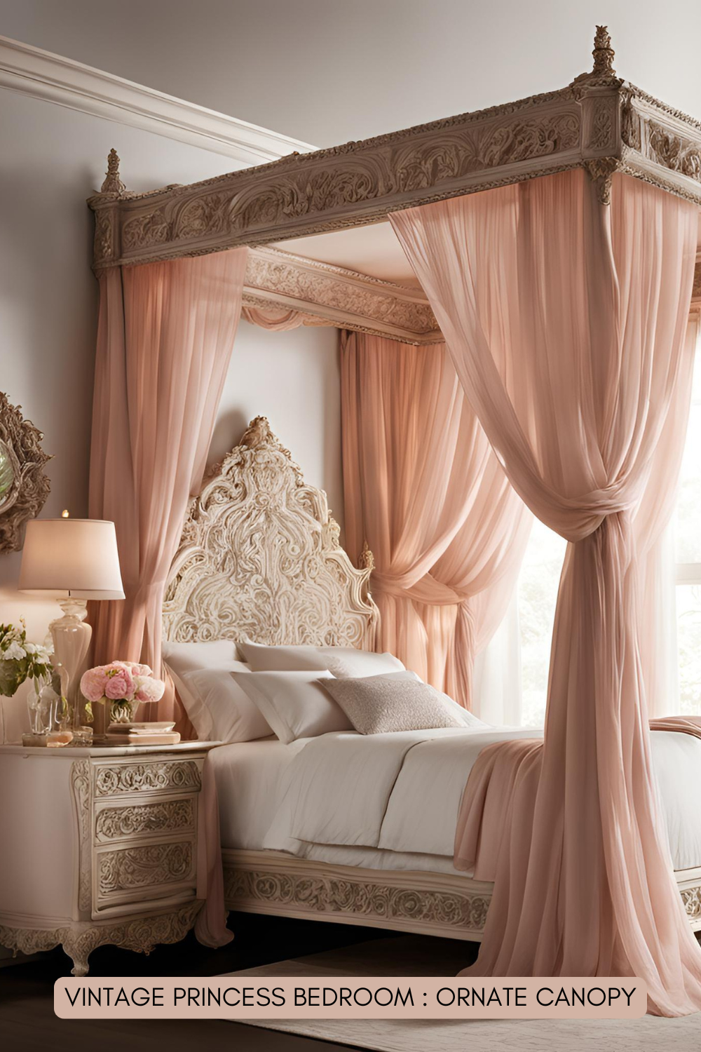A grand four-poster canopy bed draped with sheer, flowing curtains in soft pastel shades like blush pink or ivory. Intricate carvings adorn the headboard, adding a regal touch.