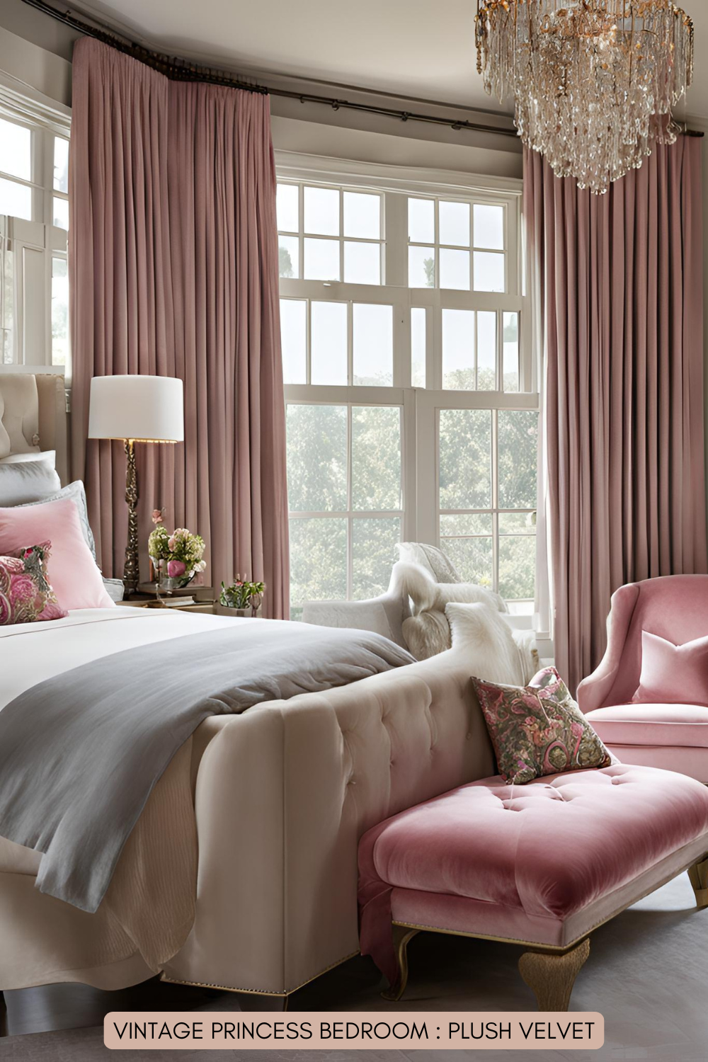 Luxurious velvet throw pillows, an elegant velvet bench at the foot of the bed, and plush velvet drapes framing the windows.