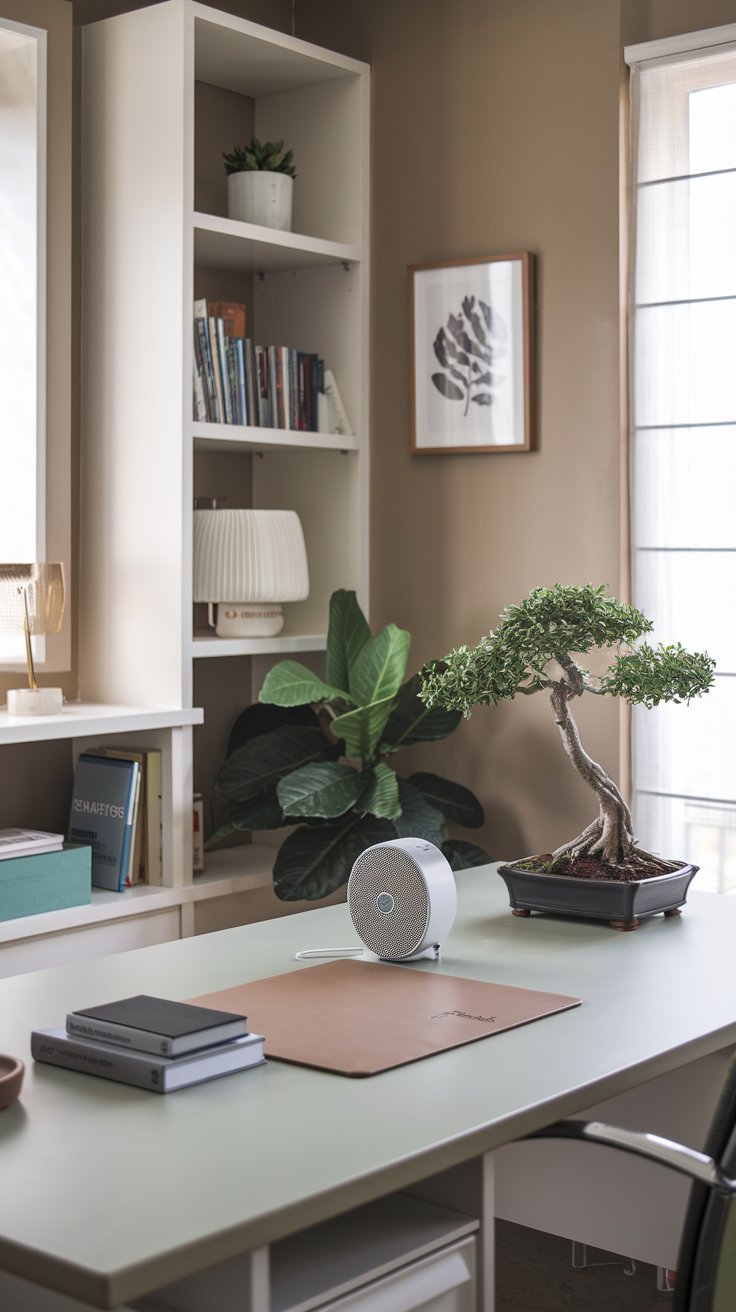 10 Inspiring Cozy Office Spaces to Boost Creativity (2025) : Minimalist Zen Nook A calming office with clean lines and neutral tones. A simple desk holds only essentials, and a low-maintenance bonsai tree brings nature indoors. The soft hum of a white noise machine soothes your mind.