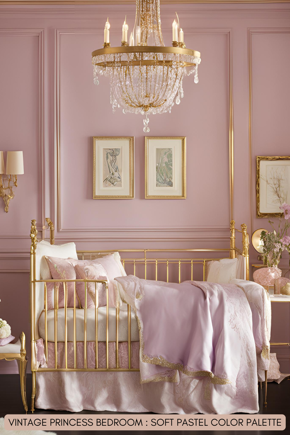 Walls in dreamy pastel pink, soft lilac, or creamy ivory, paired with vintage gold accents for a sophisticated touch.