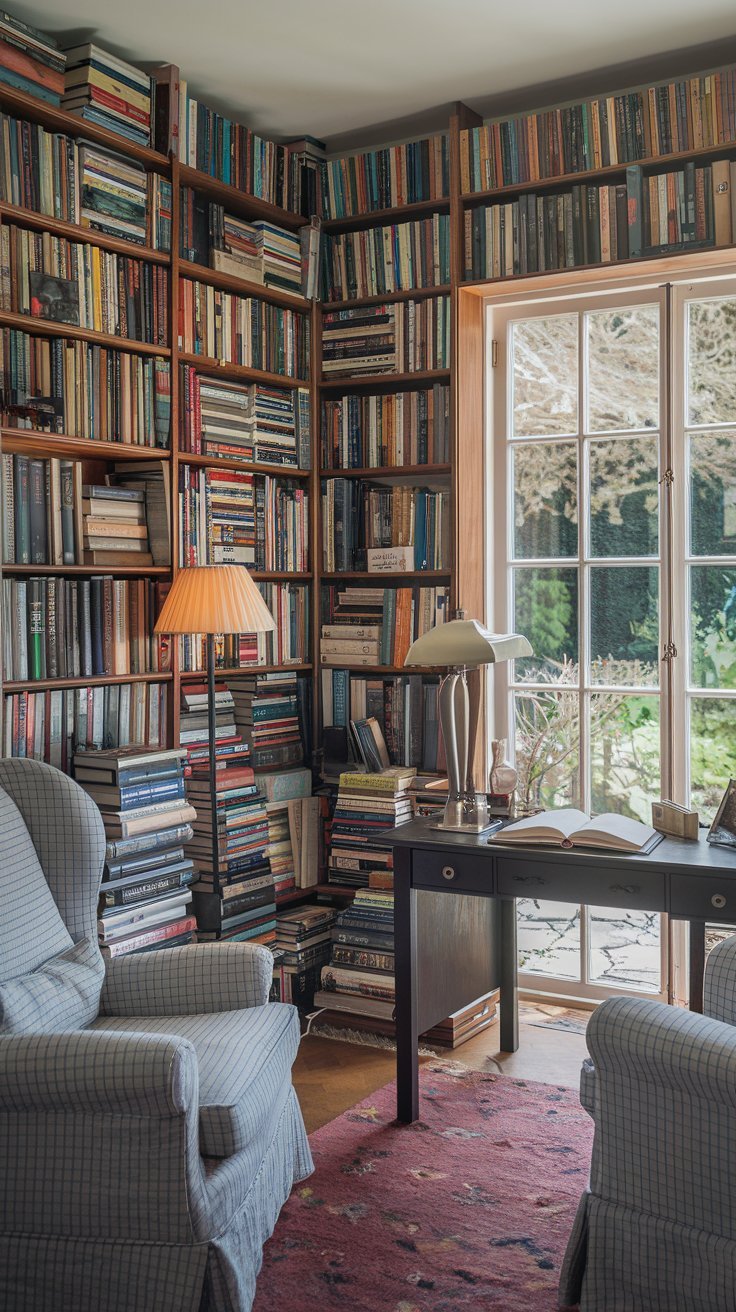10 Inspiring Cozy Office Spaces to Boost Creativity (2025) : The Book Lovers' Haven A wall-to-wall bookshelf overflowing with books, accented by cozy armchairs and a reading lamp. A writing desk sits near the window, overlooking the garden, with your favorite novel propped open.