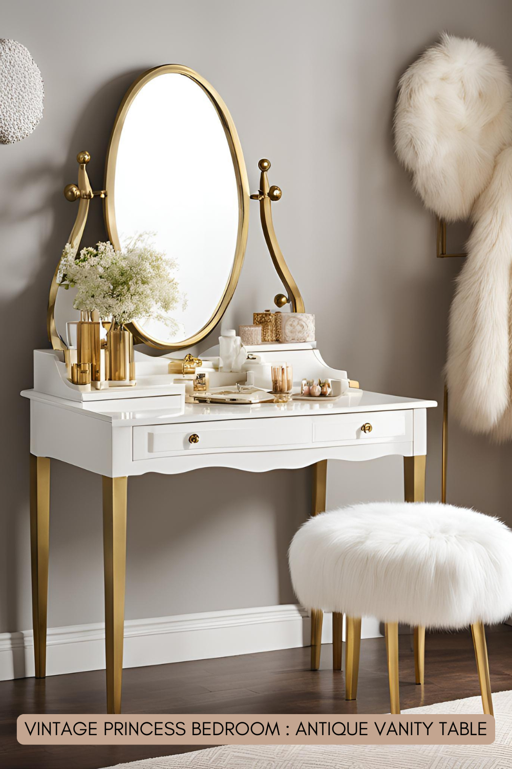 A charming white vanity with vintage brass handles, an oval mirror, and a delicate stool draped with a faux fur cushion.