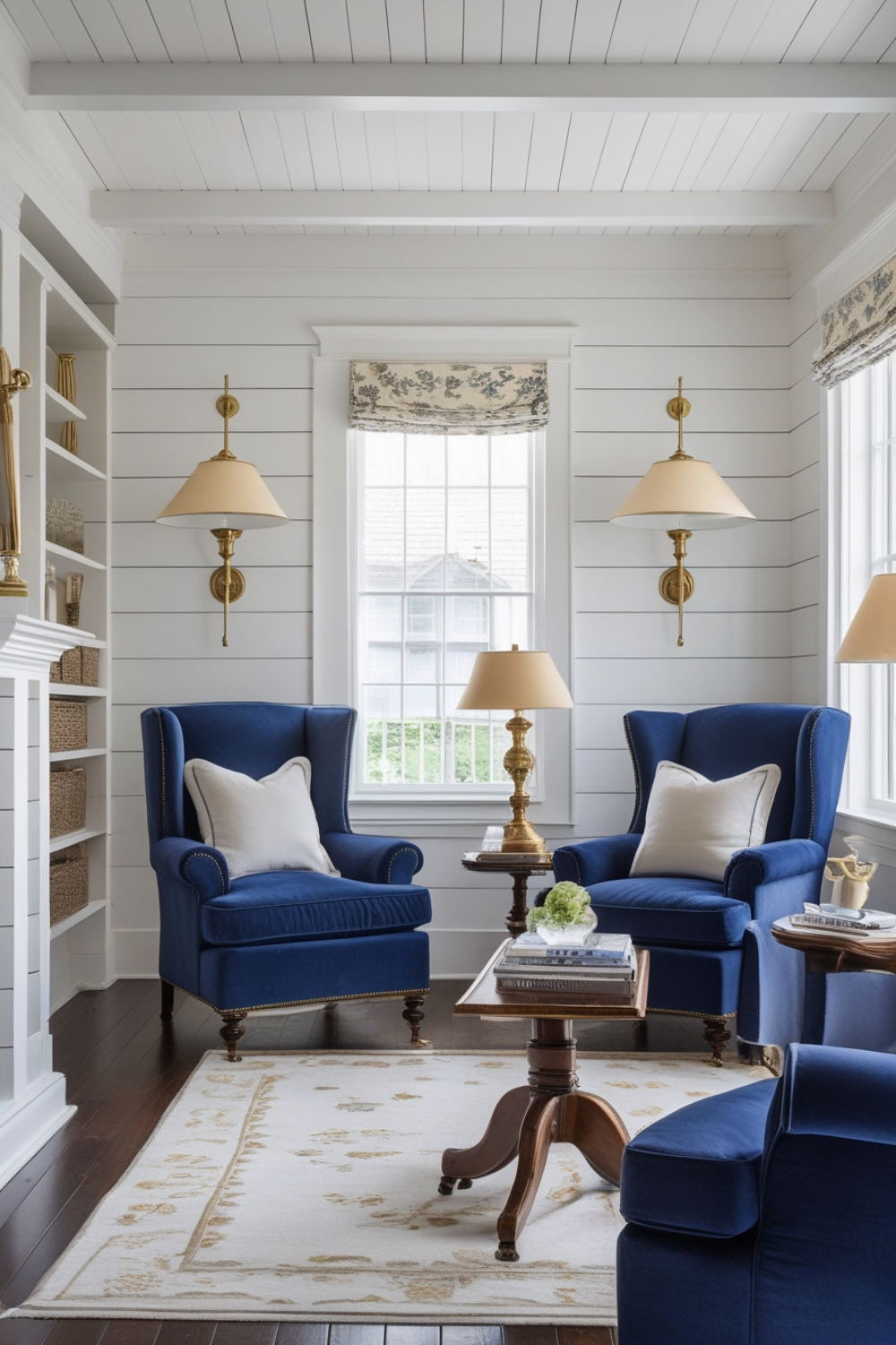White shiplap walls with navy blue armchairs, accented by brass lamps and dark wood floors. The navy adds depth while the white keeps things bright and airy.