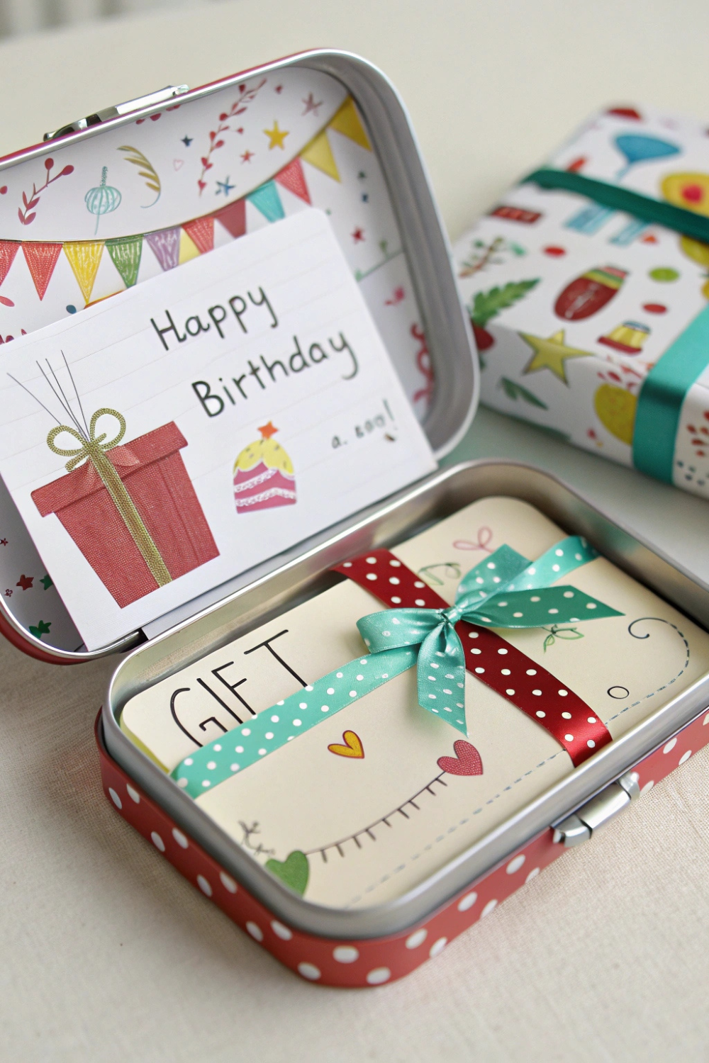 A festive tin, decorated for birthdays or holidays, holding a gift card and a personal note.