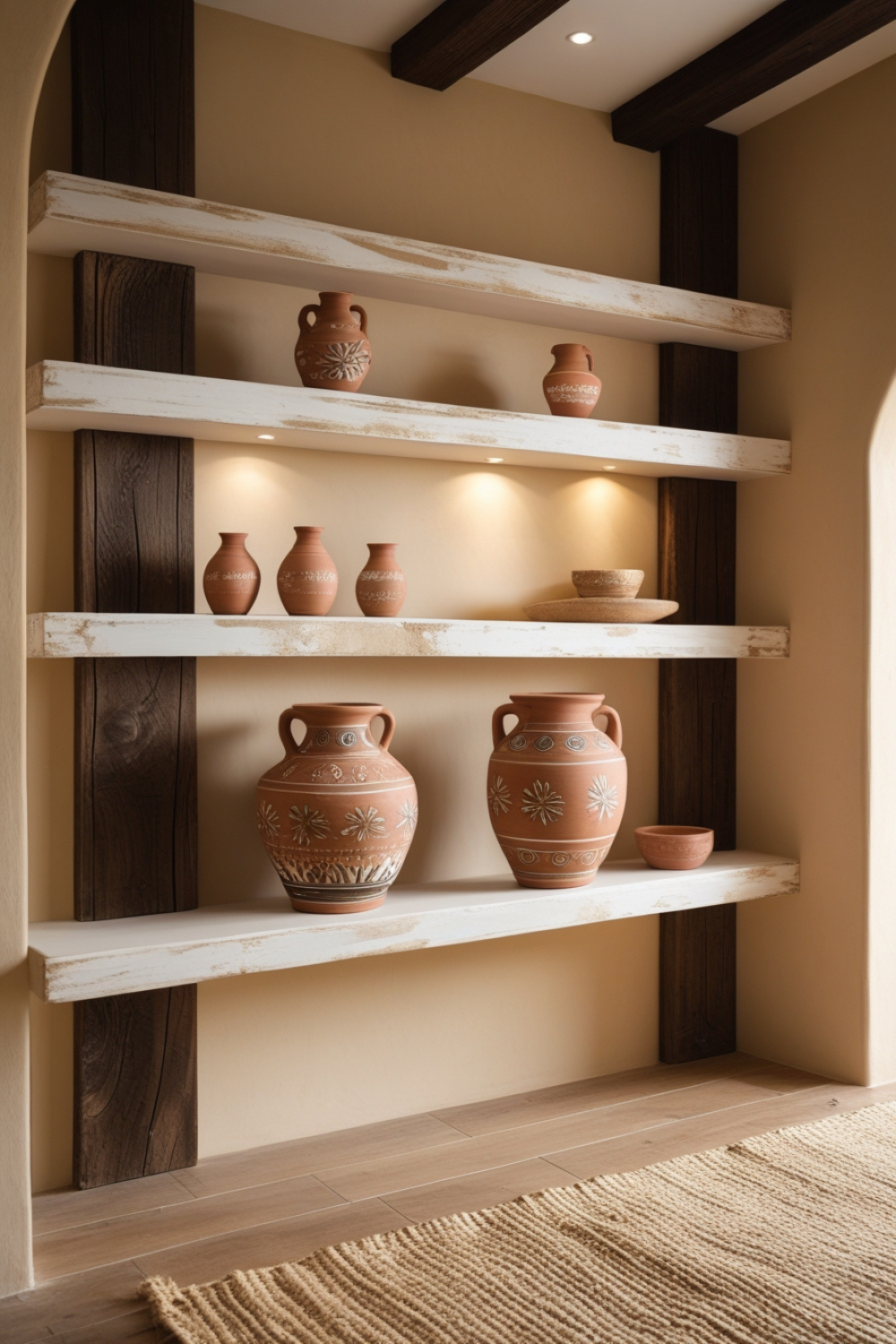 Terracotta pottery on linen white shelves, with natural fiber rugs and wooden beams adding warmth and texture.