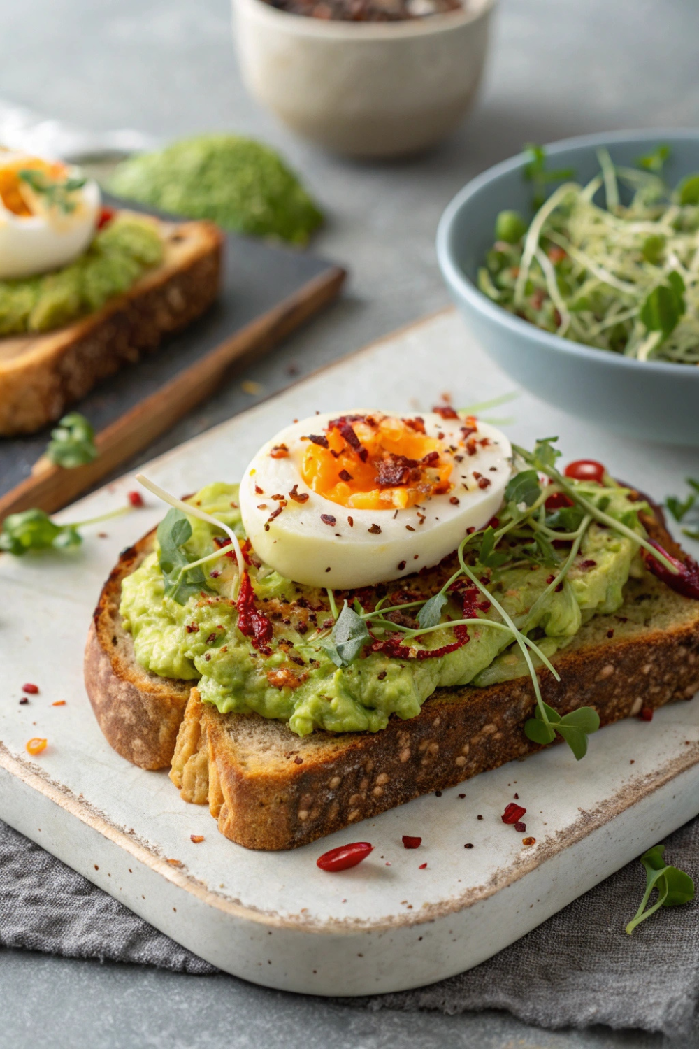 Crispy whole-grain toast topped with smashed avocado, a soft-boiled egg, chili flakes, and microgreens.