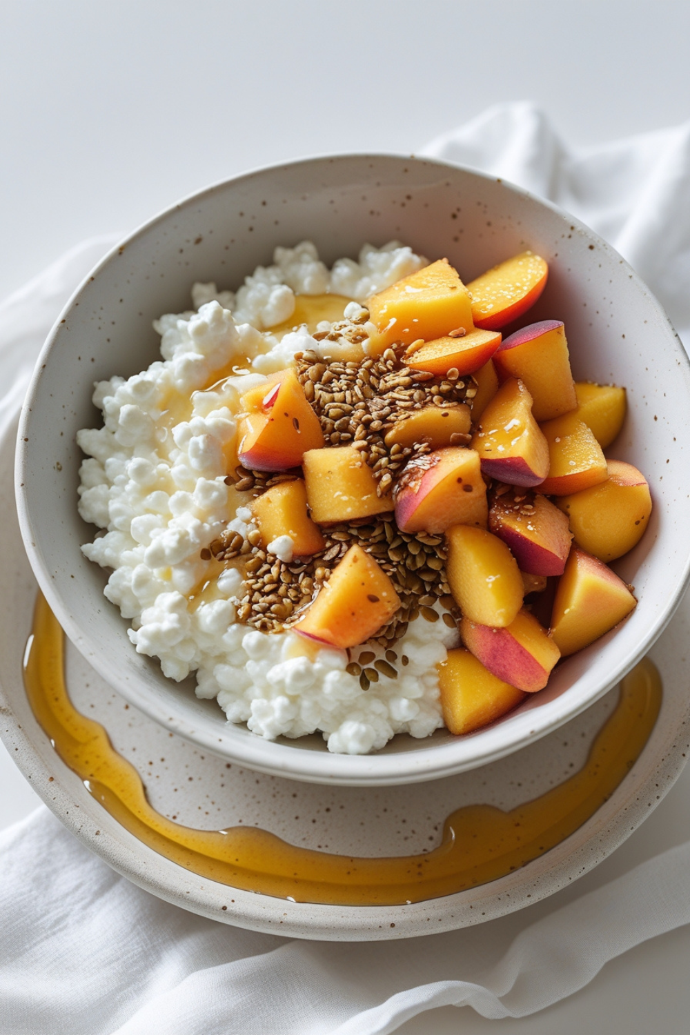 A bowl of creamy cottage cheese topped with juicy diced peaches, sprinkled with flaxseeds, and drizzled with golden honey.