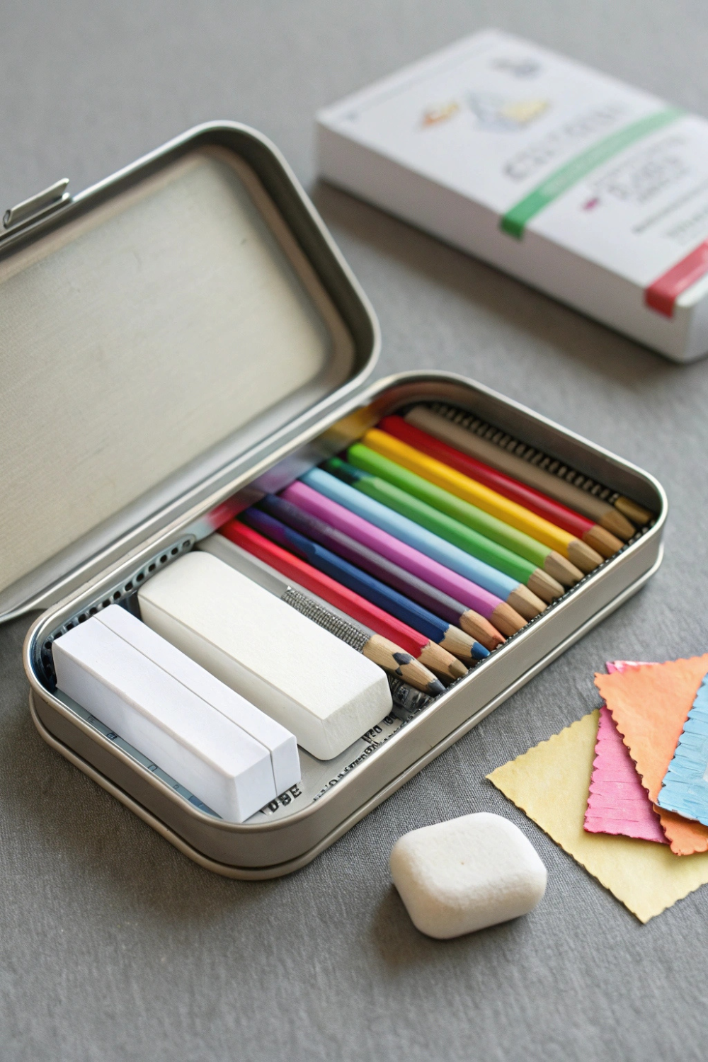A small tin filled with mini colored pencils, an eraser, and tiny sheets of paper for sketching on the go.