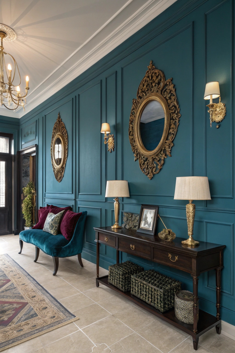 A statement peacock blue wall with antique gold mirrors, velvet cushions, and dark wood console tables for an opulent yet classic vibe.