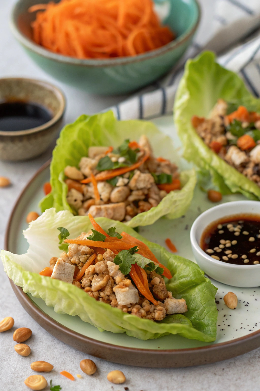 Crisp lettuce cups filled with seasoned ground chicken, shredded carrots, crunchy peanuts, and a dash of hoisin sauce.