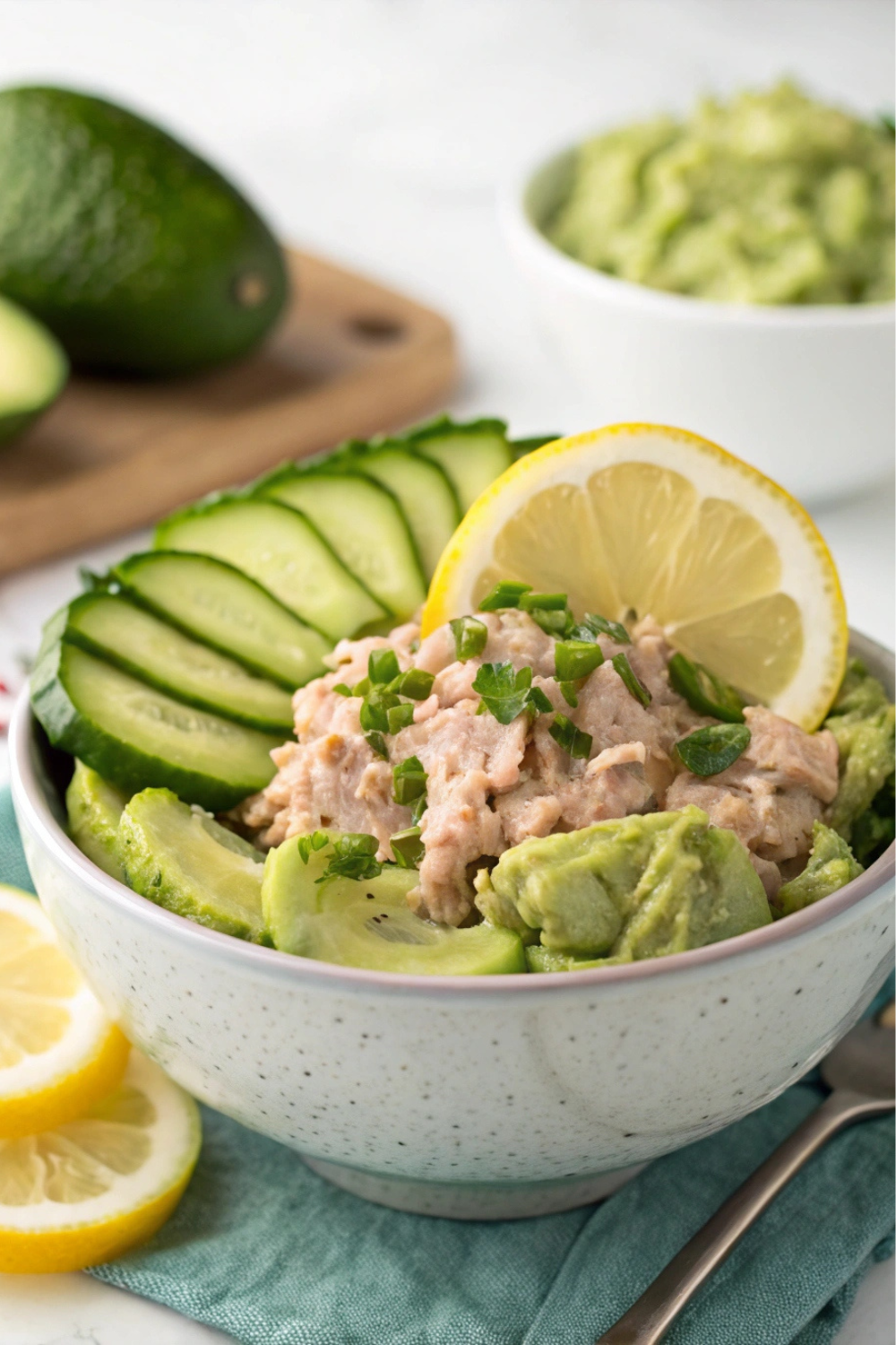 A refreshing bowl of chunky tuna mixed with creamy avocado, crisp cucumbers, and a squeeze of zesty lemon.