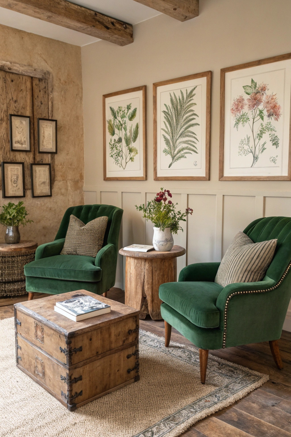 Forest green armchairs with soft taupe walls, vintage botanical prints, and rustic wooden coffee tables for a grounded, earthy look.