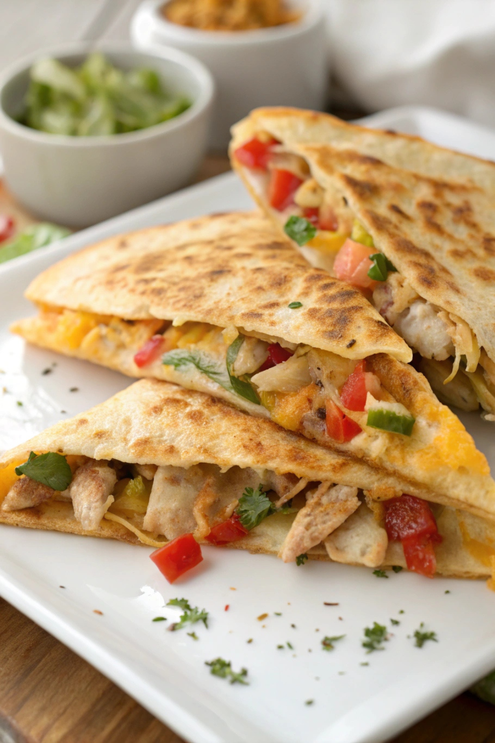 A crispy quesadilla filled with shredded chicken, melted cheese, and colorful veggies, cut into golden triangles.