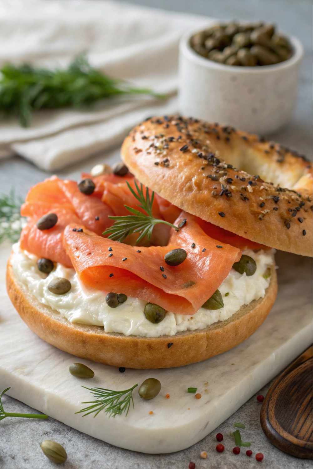A toasted bagel layered with creamy cheese, silky smoked salmon, capers, and fresh dill.